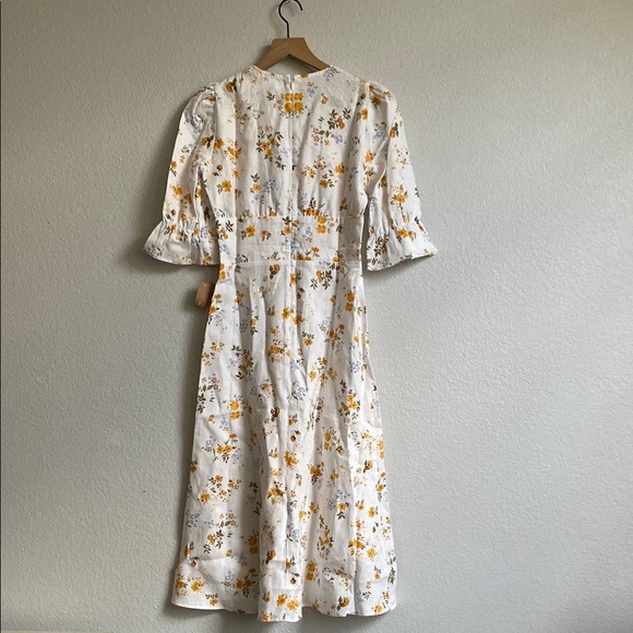 Reformation Maribel Linen Midi Floral Dress Puff Short Sleeves V Neck Tansy 4 - Picture 5 of 14
